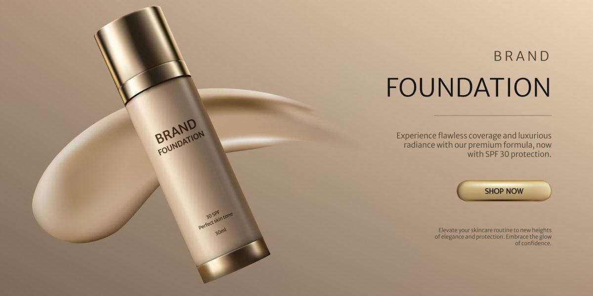 A banner showcasing a 3D realistic foundation bottle, a cosmetic product. Its design highlights liquid cream smear texture and skincare, ideal for marketing and promotional materials. Not AI.
